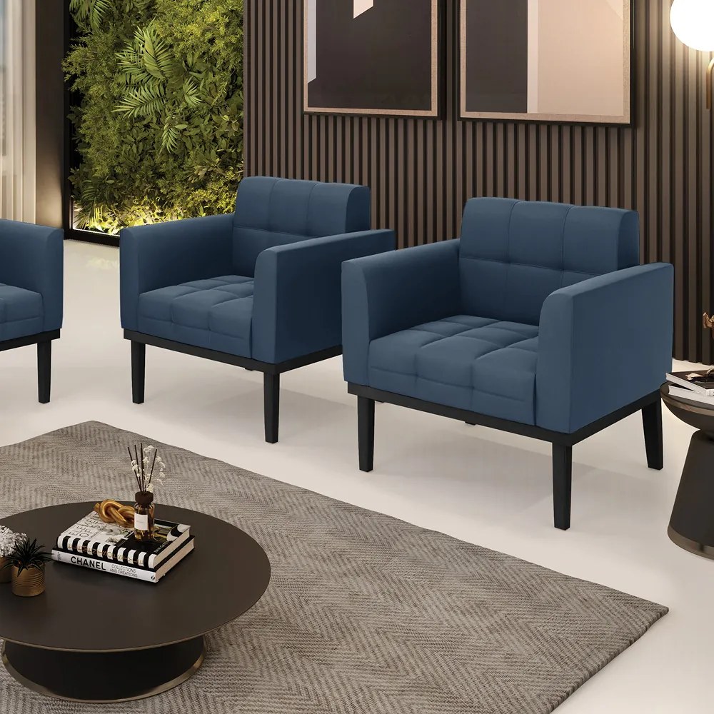 Kit 2 Poltronas Decorativas Karen Pés Fixo em Madeira Preto Suede Azul Marinho G19 - Gran Belo