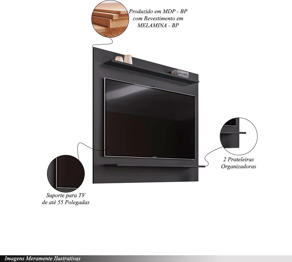 Painel para TVs até 50 Linden MDP/BP com 2 Prateleiras Preto G96 - Gran Belo