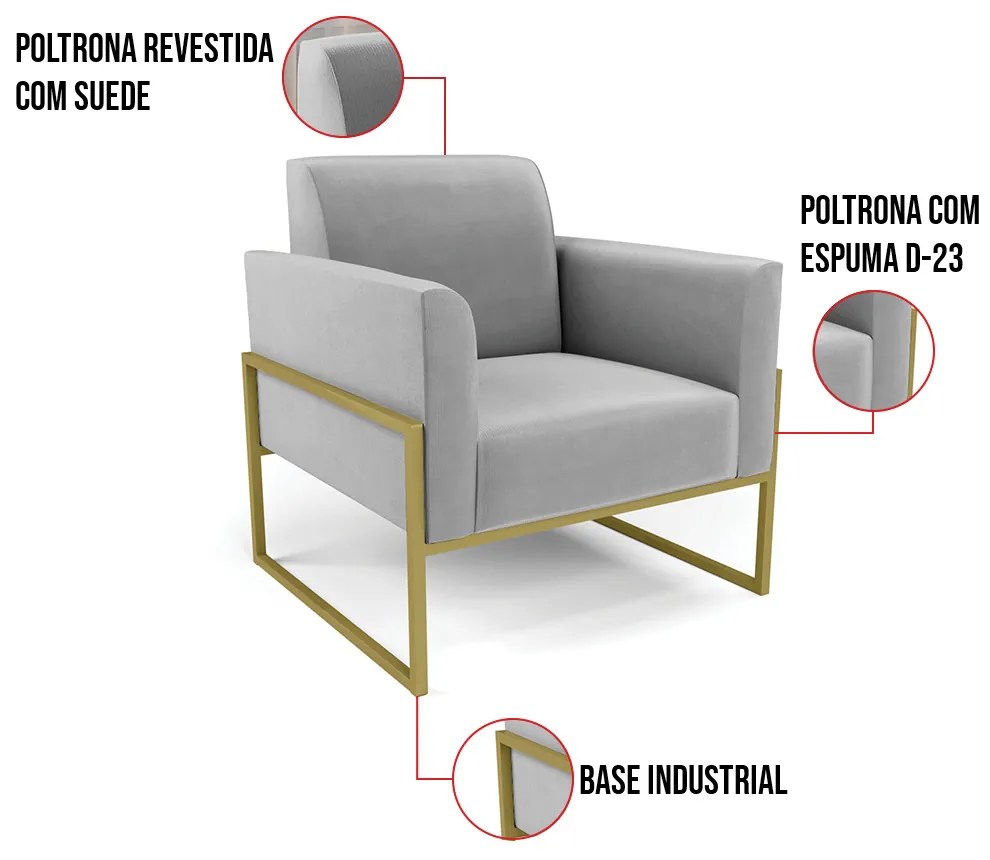 Kit 2 Poltronas Base Industrial Alta Dourado Marisa Suede D03 - D'Rossi - Cinza