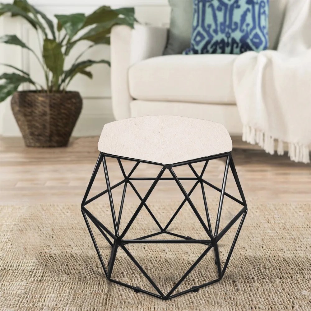 Puff Aramado Hexágono Decorativo Industrial Preto com Linho Areia D03 - D'Rossi