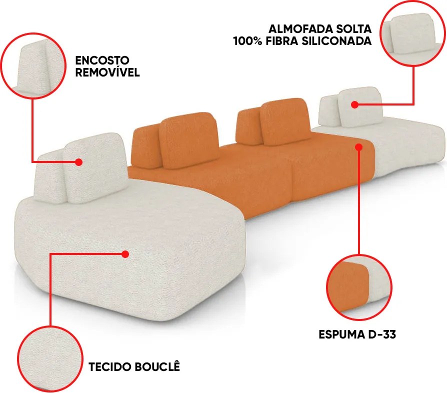 Sofá 4 Lugares Orgânico com Chaise e 3 Módulos Berlim Bouclê Off K01 - D'Rossi - Off White/Caramelo