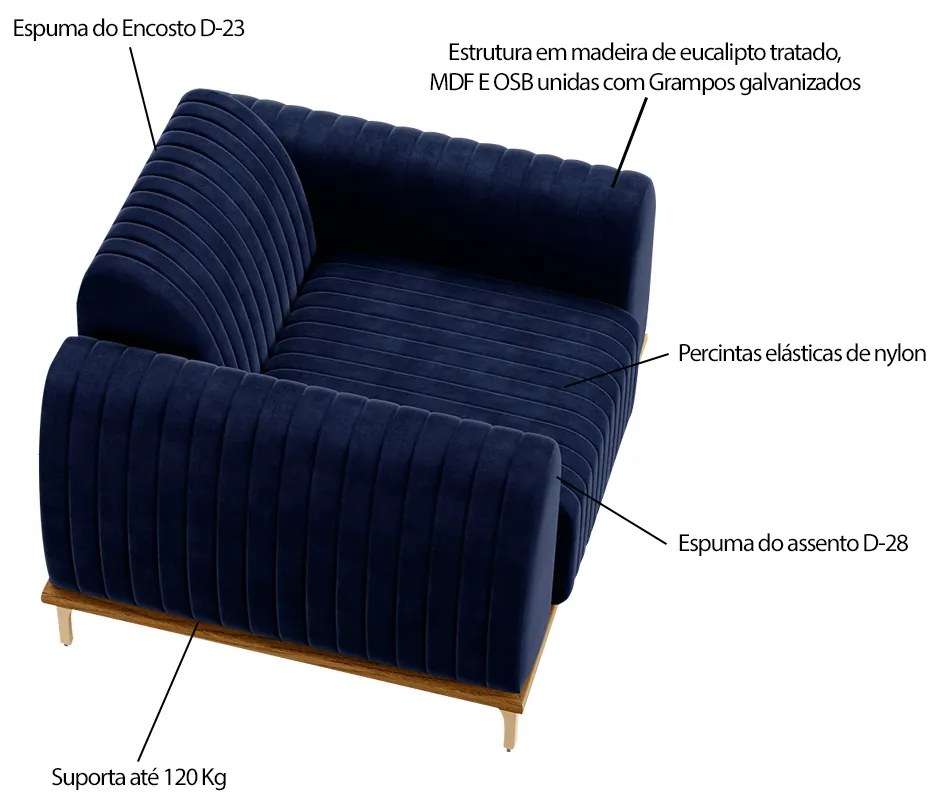 Kit 2 Poltronas Decorativas Sala de Estar Base de Madeira Euro Veludo Azul Marinho G15 - Gran Belo