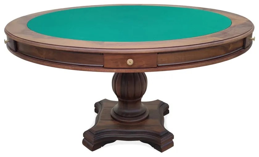 Mesa de Jogos Antique Tampo Reversível com Tecido para Cartas e Tabuleiro de Xadrez em Marchetaria com Gavetas Base Madeira Entalhada