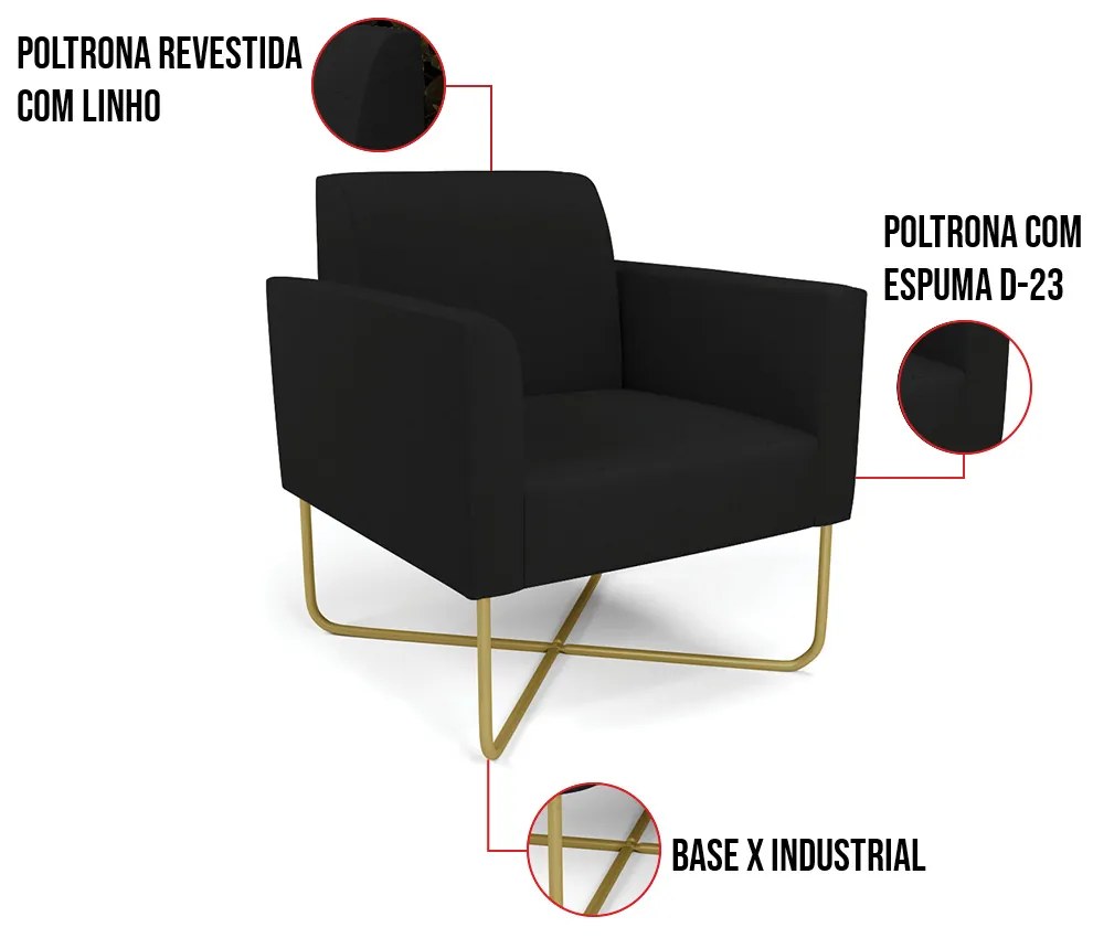 Kit 2 Poltronas Base X Industrial Dourado Marisa Linho  D03 - D'Rossi - A79 Preto