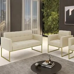 Sofá Namoradeira e 1 Poltrona Base Industrial Dourado Ana Suede Bege -