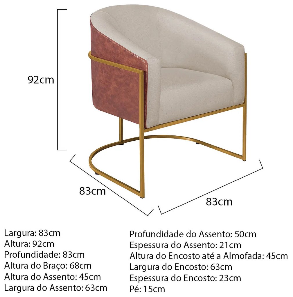 Poltrona Luiza Base de Ferro Dourado Corano Nozes e Linho Bege - ADJ Decor