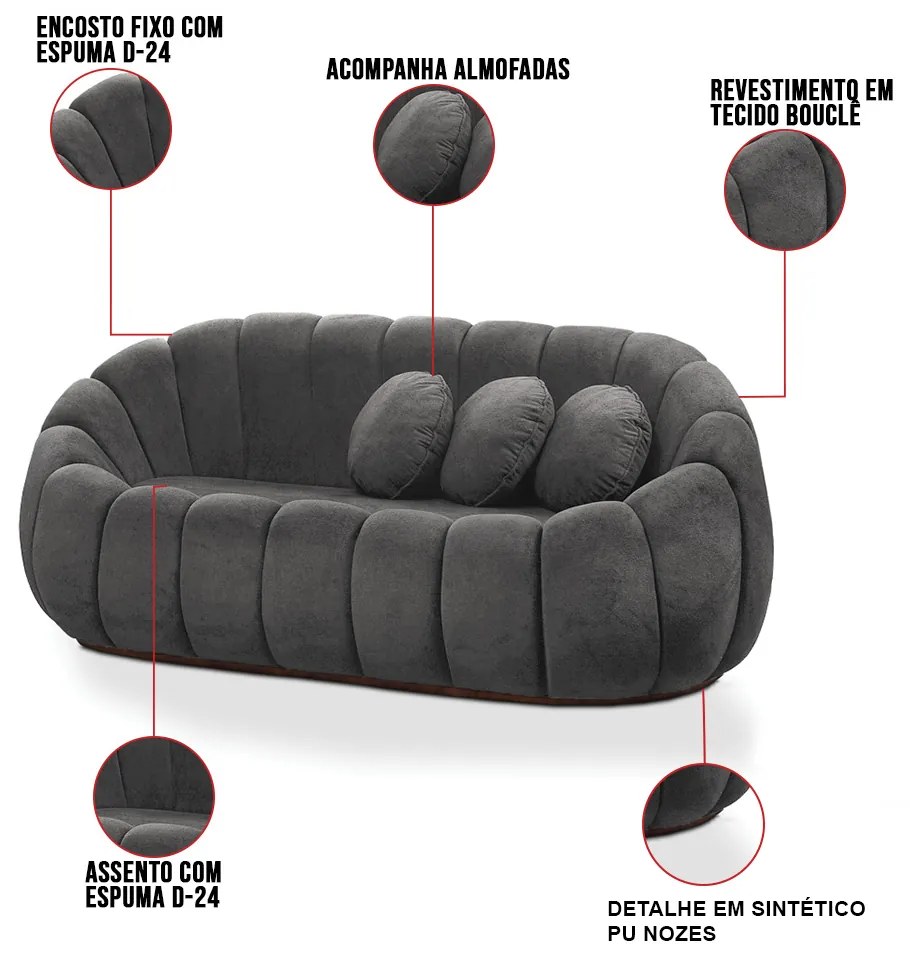 Sofá 2 Lugares Orgânico para Sala Cloud Bouclê E03 - D'Rossi - Cinza escuro