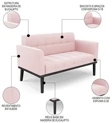 Sofá Namoradeira e 1 Poltrona Base Madeira Preto Ana Suede Rosa Bebê -