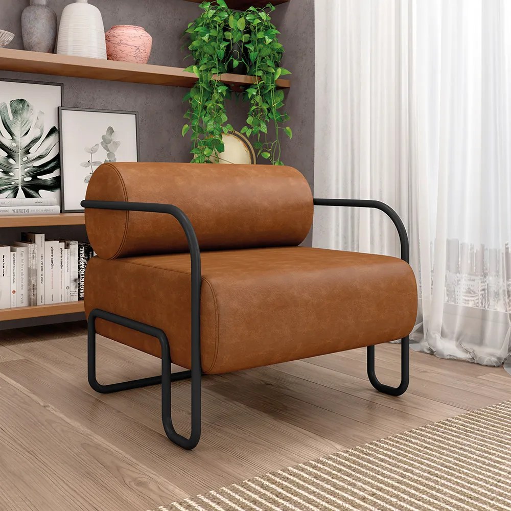 Poltrona Sala de Estar Industrial Preto Kit 2 Ameli Sintético PU K01 - D'Rossi - Nozes