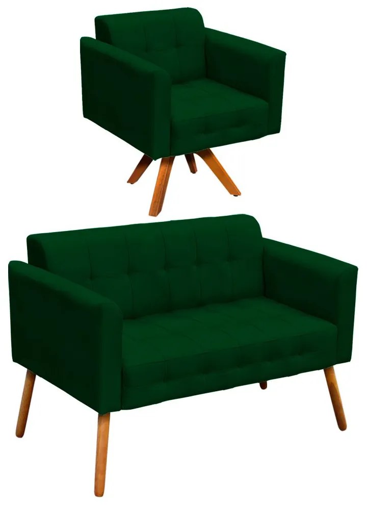 Kit 01 Namoradeira e 01 Poltrona Giratória Elisa Suede Base Madeira MM30 D'Rossi - Verde