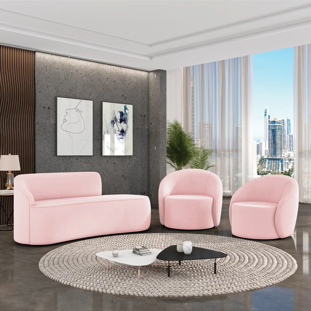 Sofá 2 Lugares Orgânico 140cm Morgan e 2 Poltronas Lua Suede D03 - D'Rossi - Rosa Bebê