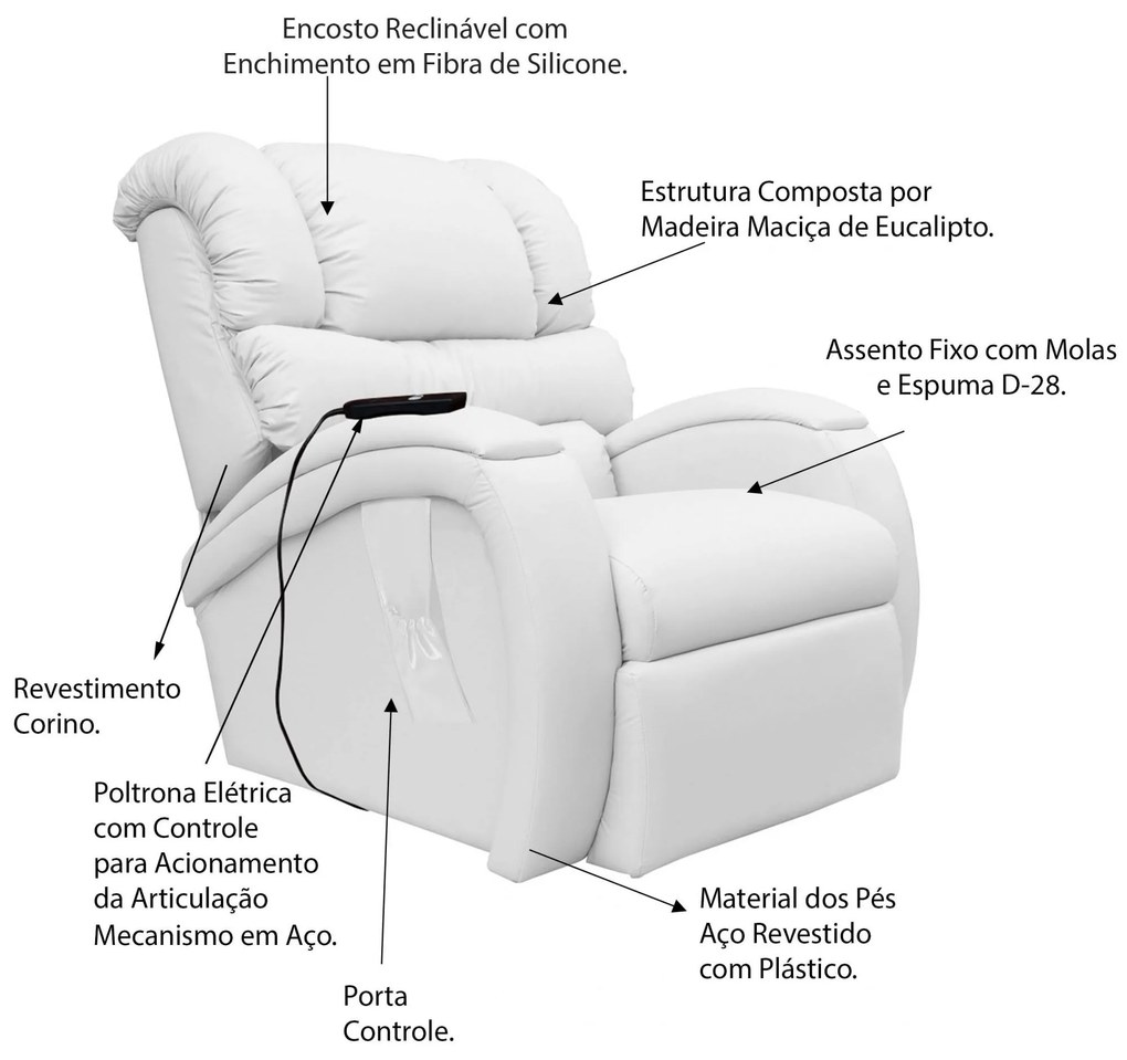 Poltrona do Papai Reclinável Elétrica com Controle Sala de Estar Oasis PU Sintético Branco G23 - Gran Belo