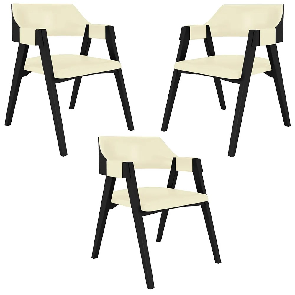 Kit 3 Cadeiras Sala de Jantar e Jogos Carteados Madeira Maciça Poker PU OffWhite/Preto G42 - Gran Belo