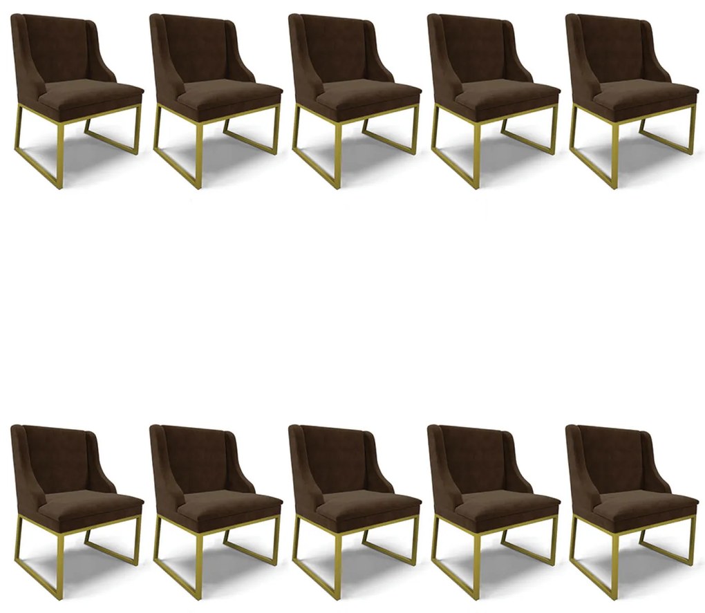 Cadeira Sala de Jantar Industrial Dourado Kit 10 Liz Suede D03 - D'Rossi - Marrom