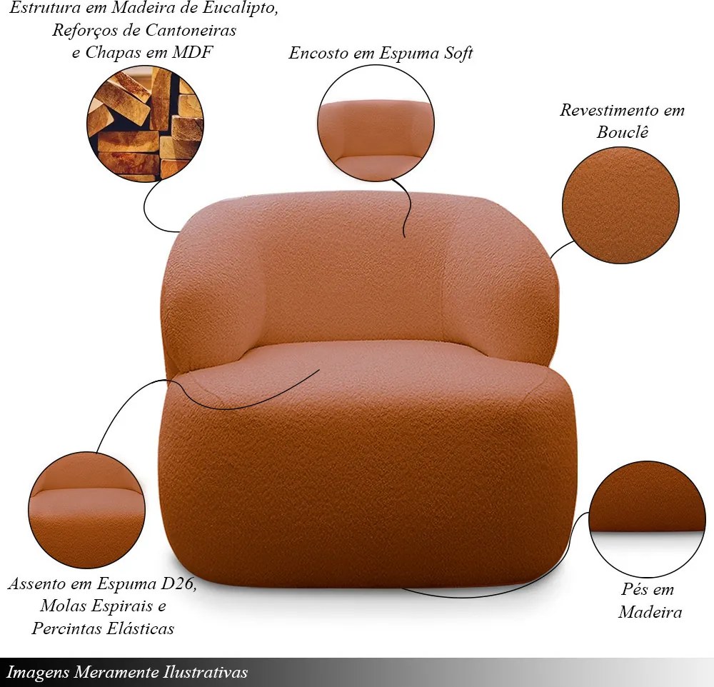 Conjunto Poltrona Base Fixa e Puff Decorativo Charlote Sala de Estar Bouclê Terracota G88 - Gran Belo