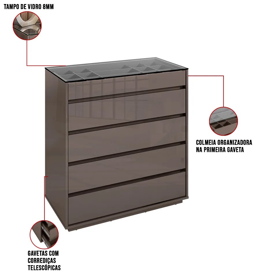 Cômoda Organizadora Ellie 5 Gavetas C02 - D'Rossi - Cinza Pérola