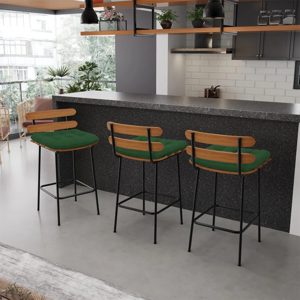 Kit 04 Banquetas Costela Veludo Verde Base Metálica Preto - D'Rossi