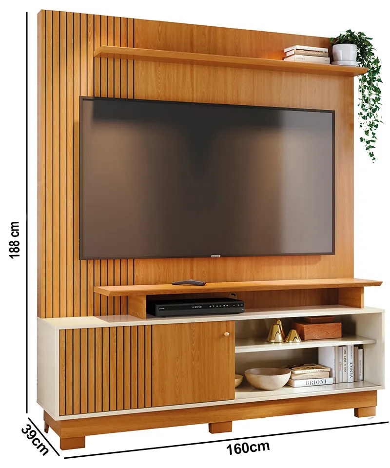 Estante de TV 65 Pol 160cm com Pés para Sala Quirel M20 - D'Rossi - Cinamomo e Off White