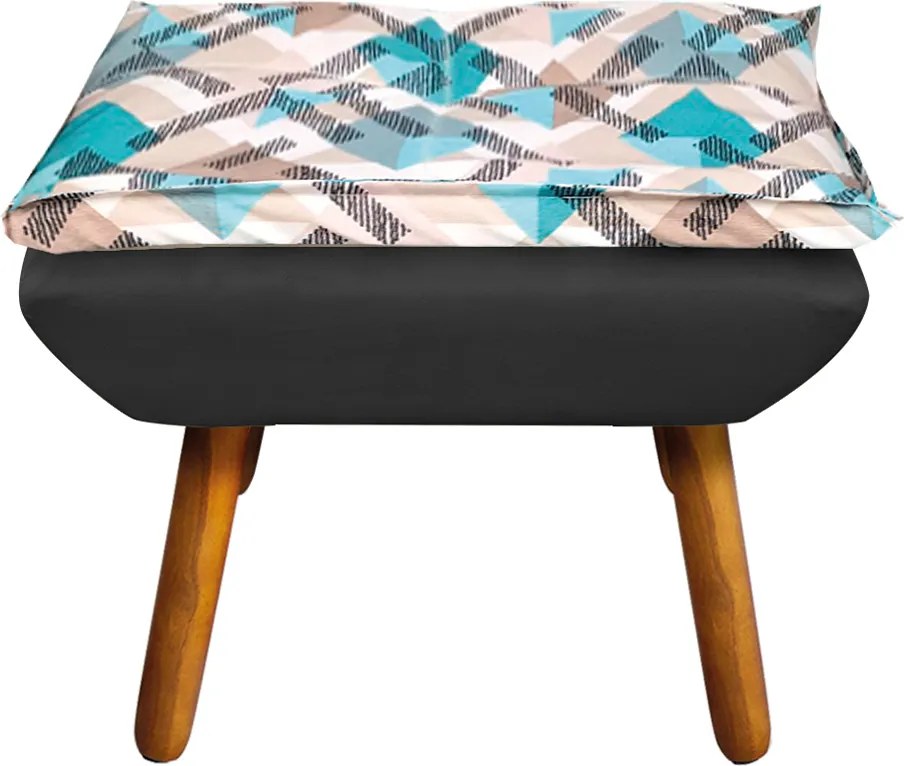 Kit 01 Namoradeira com 02 Poltronas e 02 Puffs Opala Composê Suede com Estampado Traçado Azul D33 Pés Palito Castanho - Preto