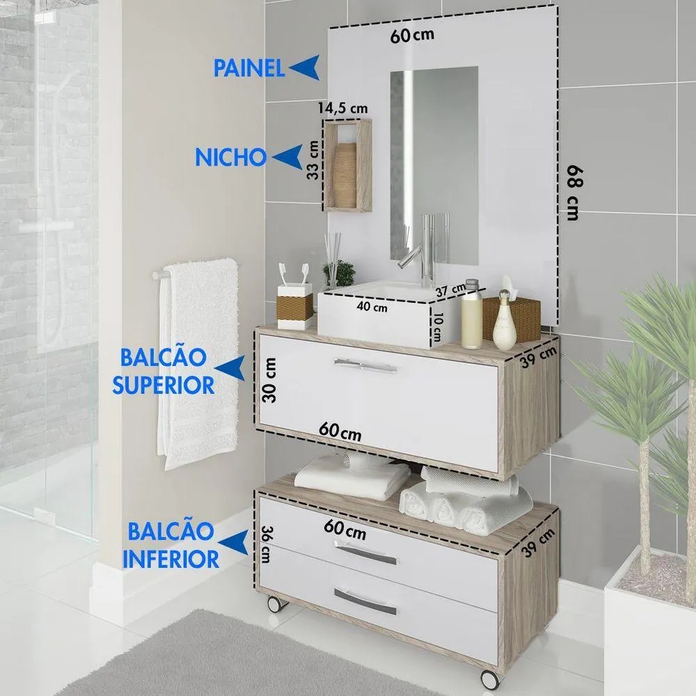 Gabinete Para Banheiro 60cm Com Cuba Painel Balcão Nichos