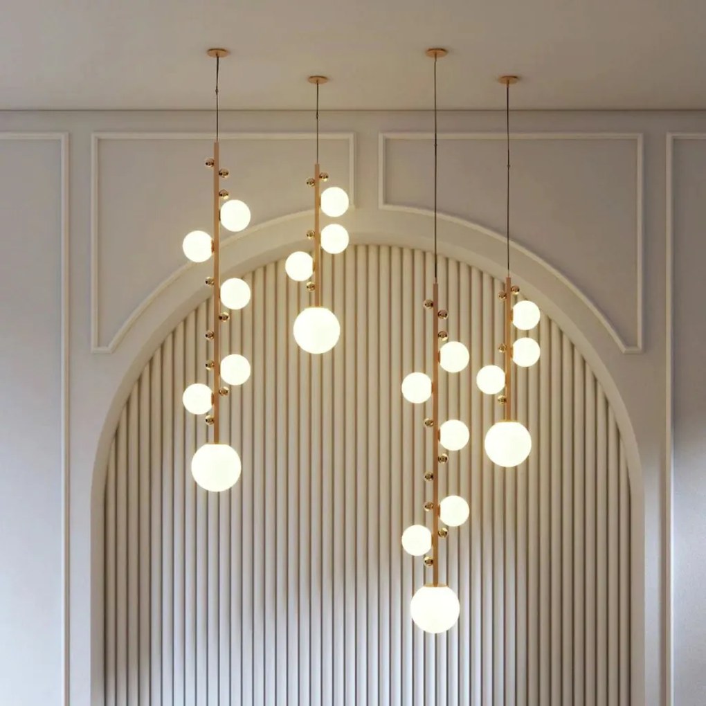 Pendente Aliança Ø20X86Cm 04Xg9 Globo 12Cm - Usina 90010/4 (BT / CB-P - Branco Texturizado / Cobre Brilho Polido, Branco (Fosco))