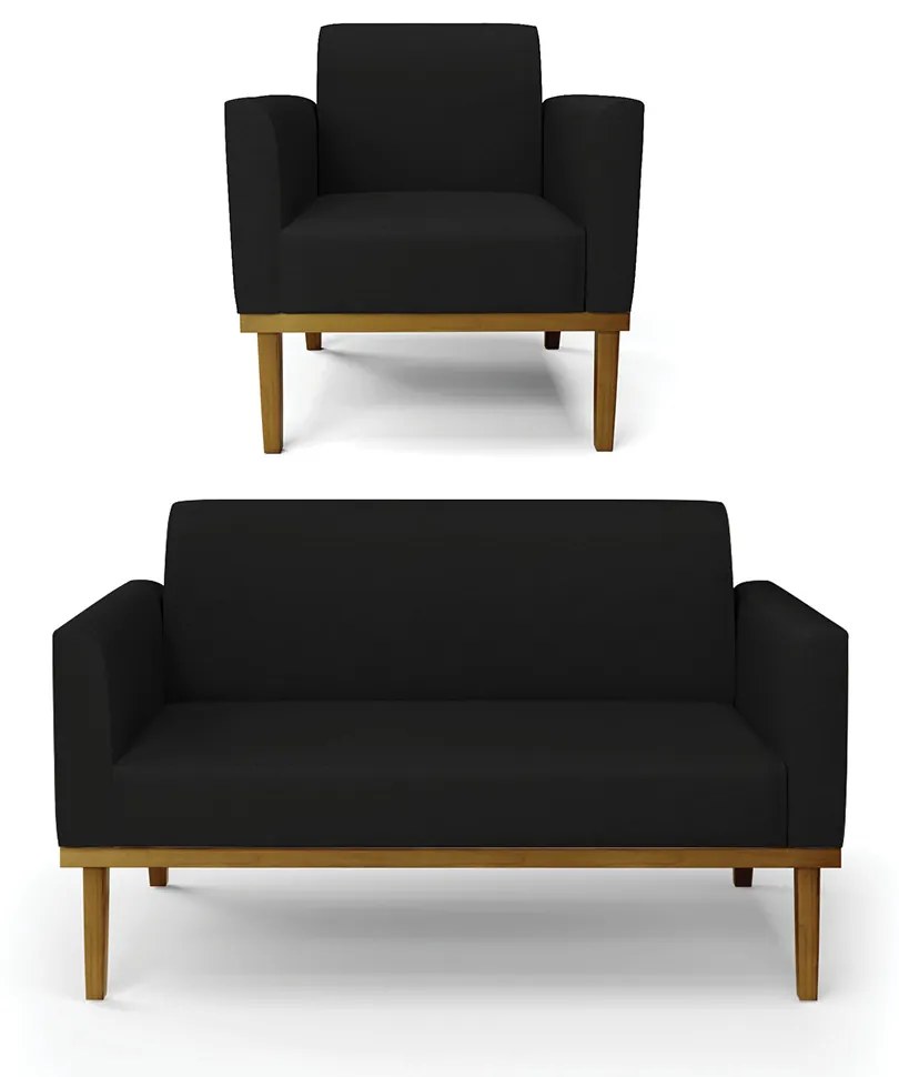 Conjunto Poltrona e Namoradeira Decorativa Isabella Pés Fixo em Madeira Castanho Linho Preto G19 - Gran Belo