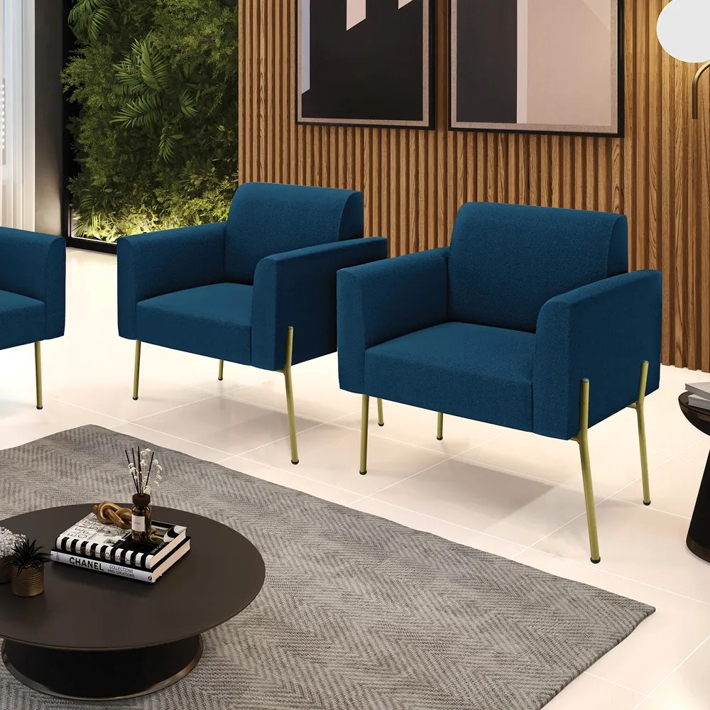 Poltrona Sala Estar Pé Ferro Dourado Kit 2 Marisa Bouclê D03 - D'Rossi - Azul