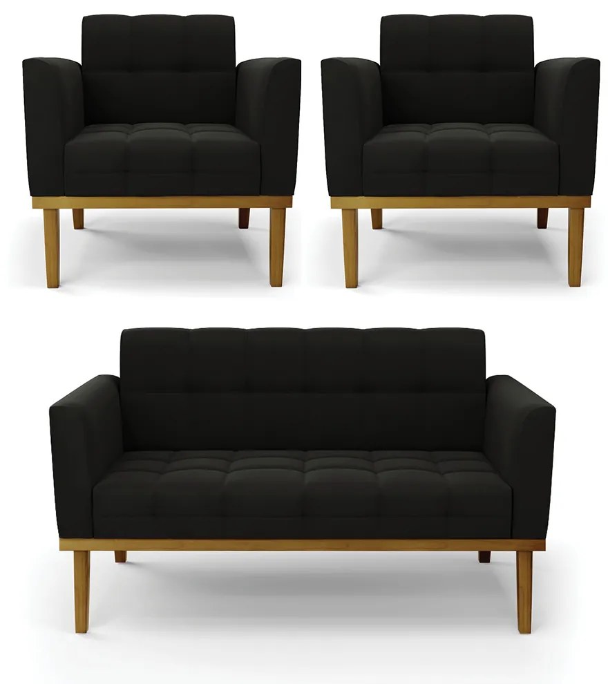 Conjunto 2 Poltronas e 1 Namoradeira Decorativa Karen Pés Fixo em Madeira Castanho Suede Preto G19 - Gran Belo