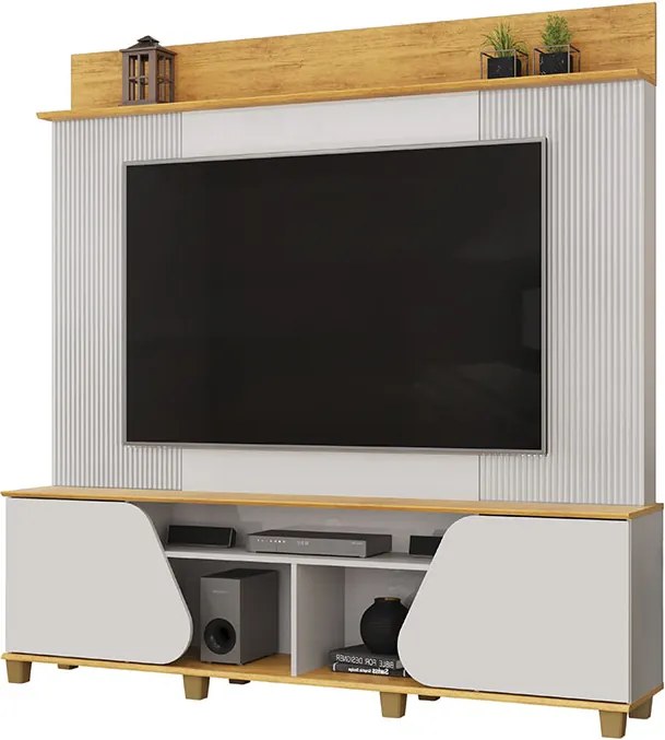 Home Estante Cavill TV 70" Ripado Canelado 2 Portas Pés Dourados Bali/Cedro G18 - Gran Belo
