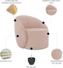 Sofá 3 Lugares 180cm Wendi e Poltrona Steve Veludo Rose I01 - Mpozena