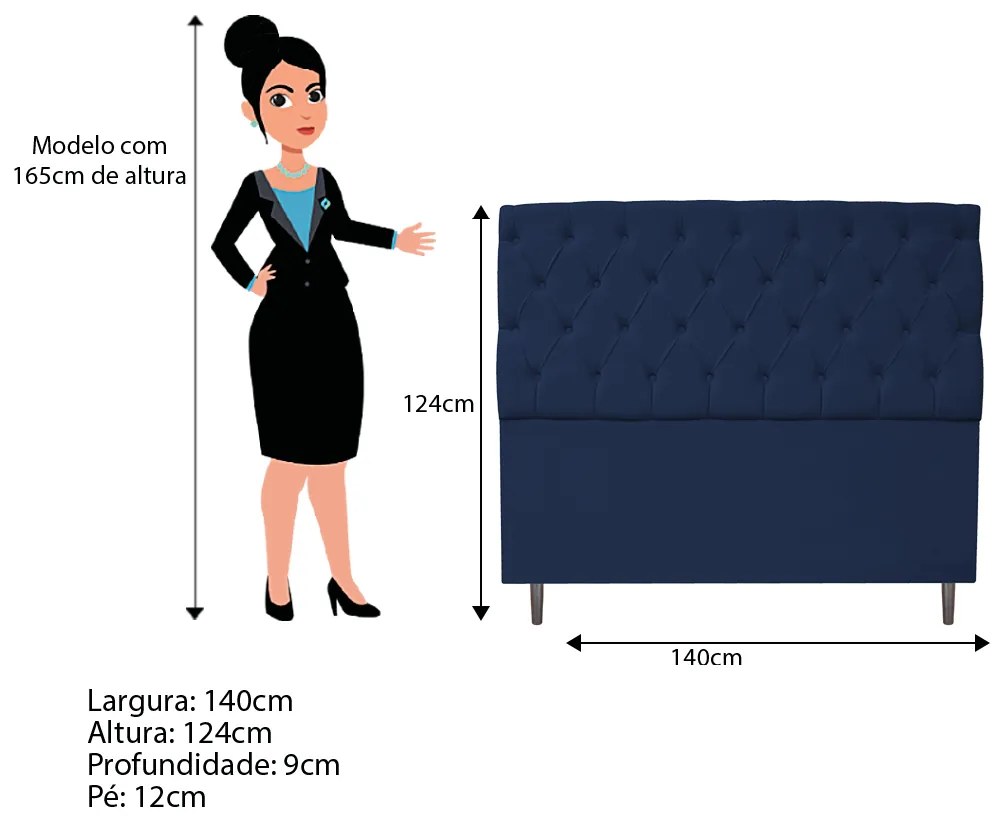 Kit Cabeceira e Calçadeira Liverpool 140 cm Casal Suede Azul Marinho - ADJ Decor