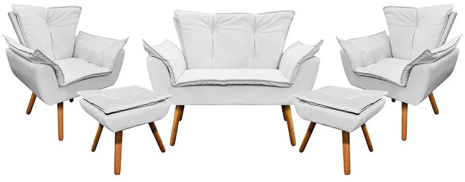 Namoradeira com 2 Poltronas e 2 Puffs Pé Palito Madeira Opala Corino D03 - D'Rossi - Branco