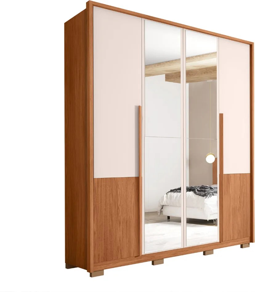 Guarda Roupa Malu 4 Portas de bater com 2 Espelhos e 3 Gavetas em MDF Freijo/OffWhite G11 - Gran Belo
