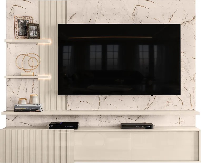 Painel TV 65 Pol 200cm Bancada Suspensa Ripado Mirellin Calacata/Off White M20 - D'Rossi