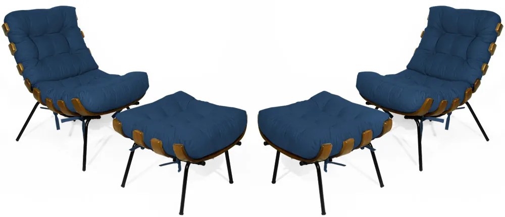 Kit 2 Poltronas Costela Com 2 Puff Costela Suede Azul Marinho