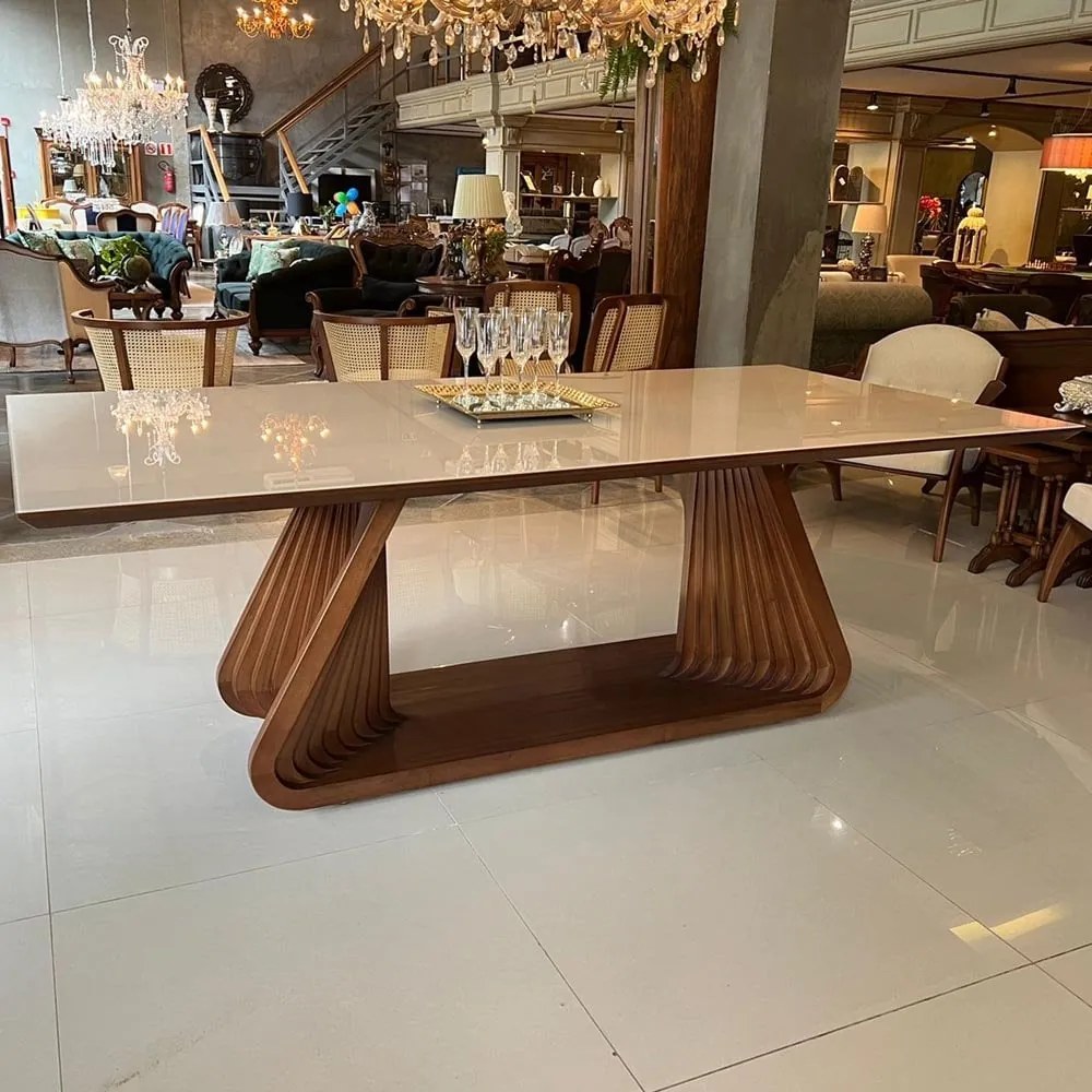 Mesa de Jantar São Francisco Retangular Tampo com Vidro Base Madeira Maciça Design Contemporâneo
