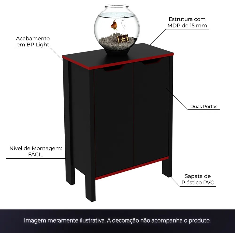 Armário 2 Portas para Escritório Home Office Gamer ME4164 MDP Preto/Vermelho G69 - Gran Belo