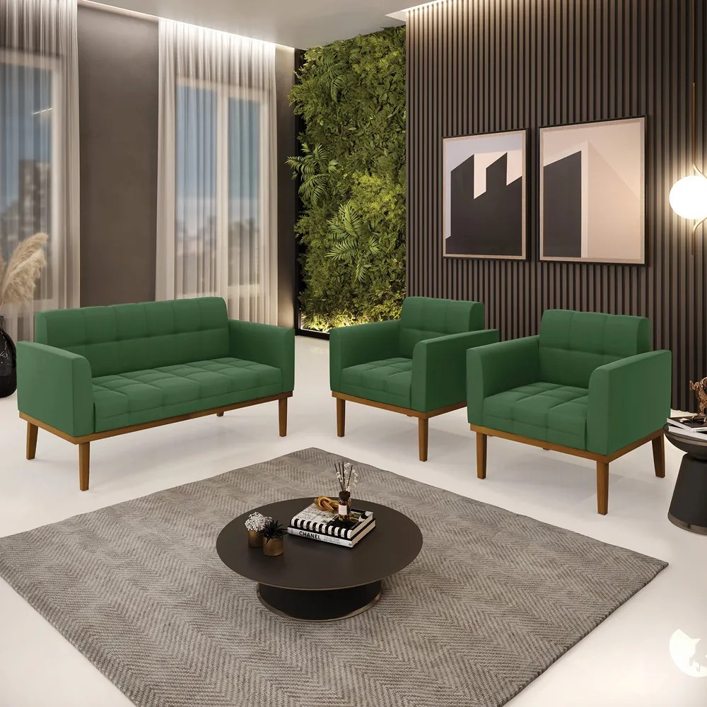 Namoradeira com 2 Poltronas Base de Madeira Castanho Elisa Suede D03 - D'Rossi - Verde
