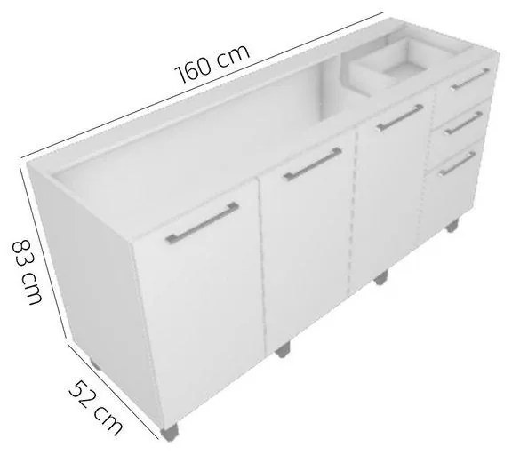 Balcão Pia P/Cozinha 160cm 3 Portas 3 Gaveta Branco