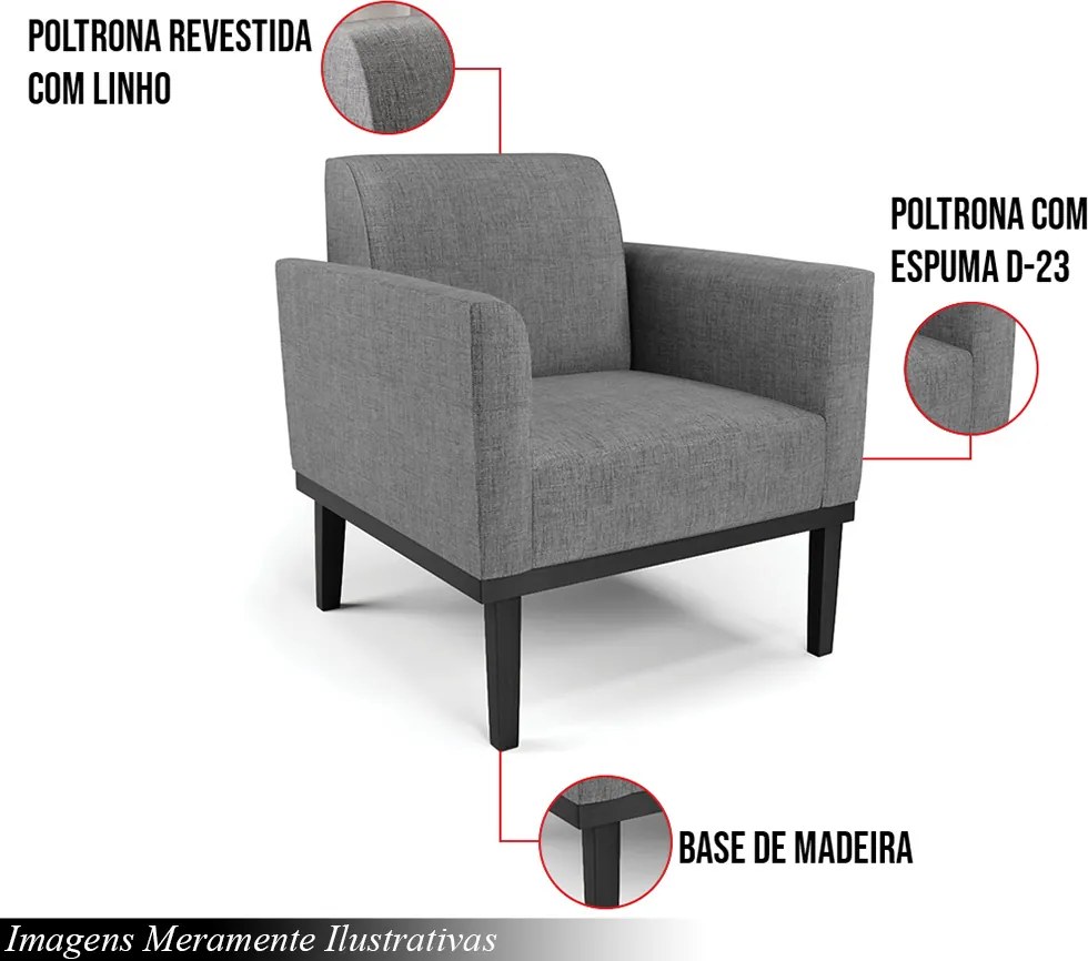 Poltrona Decorativa Isabella Pés Fixo em Madeira Preto Linho Cinza Mesclado G19 - Gran Belo