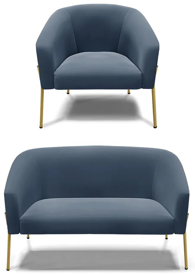 Sofá Namoradeira e Poltrona Pé de Ferro Dourado Stella Suede D03 - D'Rossi - Azul Marinho