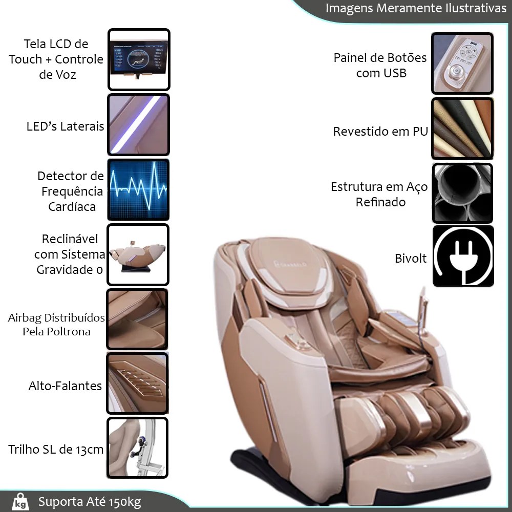 Poltrona Elétrica 3D Stark com Massagem Aquecimento Bivolt Reclinação Gravidade Zero Controle LCD Touch PU Bege G94 - Gran Belo