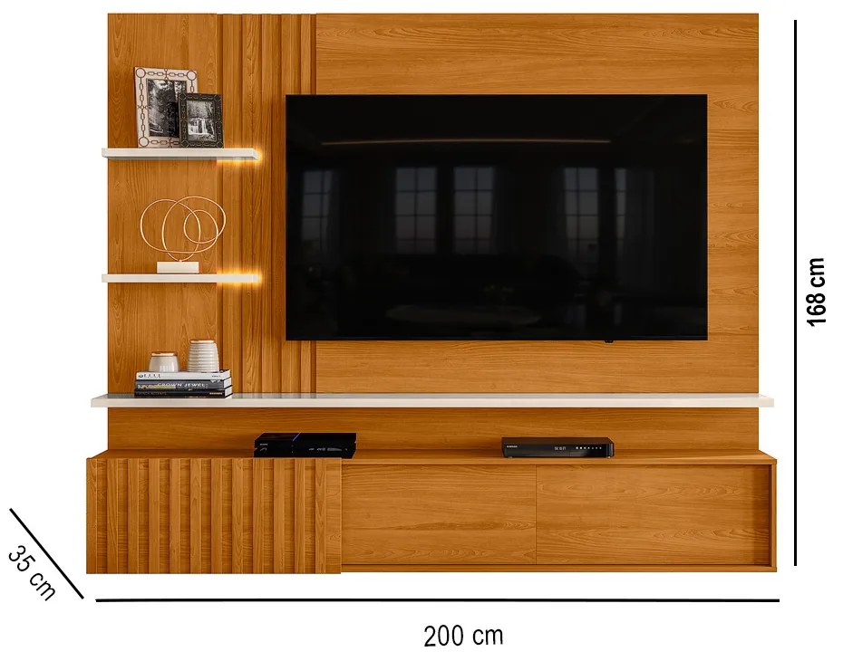 Painel TV 65 Pol 200cm Bancada Suspensa Ripado Mirellin M20 - D'Rossi - Cinamomo e Off White