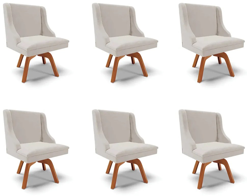 Kit 6 Cadeiras Decorativas Sala de Jantar Base Giratória de Madeira Firenze Veludo Cinza/Natural G19 - Gran Belo