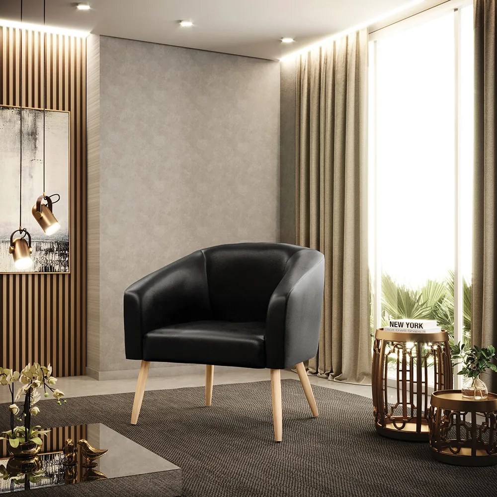 Poltrona Decorativa Pé Palito Natural Stella Sintético PU  Preto D03 - D'Rossi