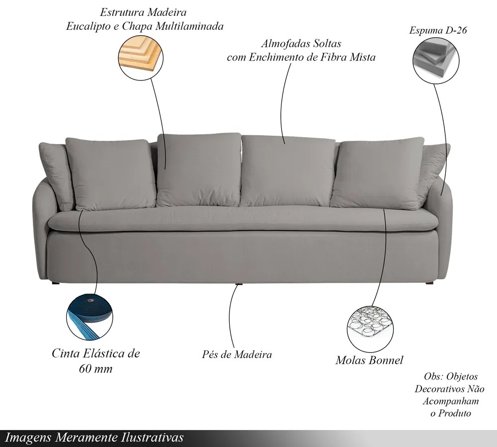 Sofá Living Sala de Estar Toscana 270cm 3 Lugares Veludo Luxo Cinza G92 - Gran Belo