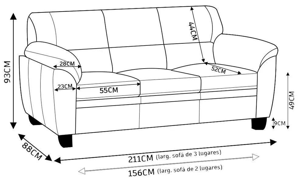 Conjunto de Sofás 2 e 3 Lugares Sala de Estar Pés em Madeira Nauru Couro Preto G43 - Gran Belo