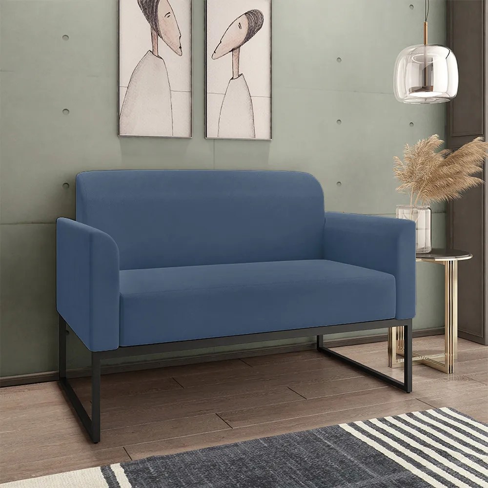 Conjunto Namoradeira e Poltrona Decorativa Isabella Base Industrial Suede Azul Marinho/Preto G19 - Gran Belo