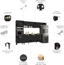 Armário de Cozinha Com Tampo CP04 310cm Pérola Preto Z34      - Mpozen