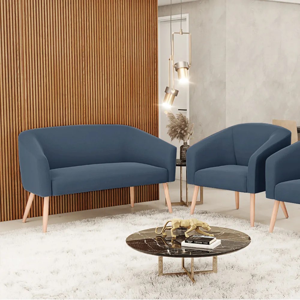 Namoradeira e Poltronas Pé Palito Natural Stella Suede Azul Marinho D03 - D'Rossi